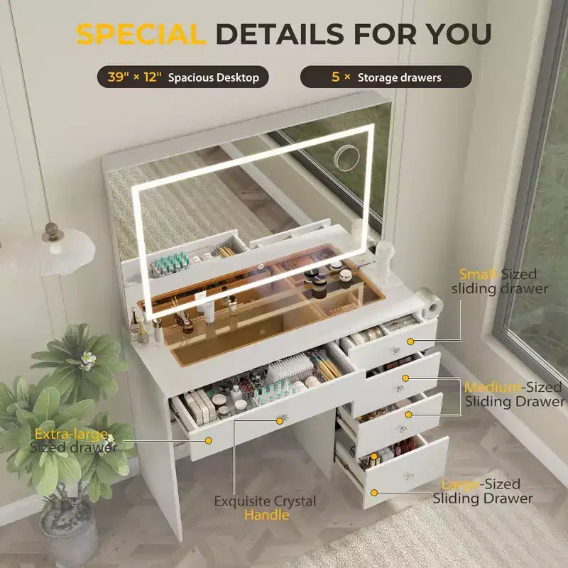 39 Vanity Desk with Mirror and Lights, 5 Drawers Makeup Vanity Desk with Tempered Glass top