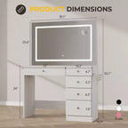 39 Vanity Desk with Mirror and Lights, 5 Drawers Makeup Vanity Desk with Tempered Glass top