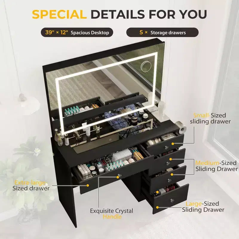 39 Vanity Desk with Mirror and Lights, 5 Drawers Makeup Vanity Desk with Tempered Glass top