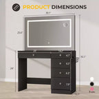39 Vanity Desk with Mirror and Lights, 5 Drawers Makeup Vanity Desk with Tempered Glass top