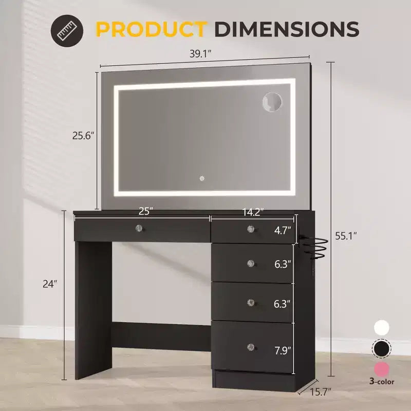 39 Vanity Desk with Mirror and Lights, 5 Drawers Makeup Vanity Desk with Tempered Glass top