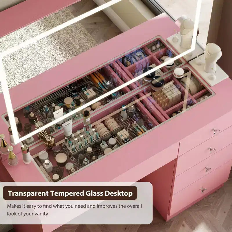 39 Vanity Desk with Mirror and Lights, 5 Drawers Makeup Vanity Desk with Tempered Glass top