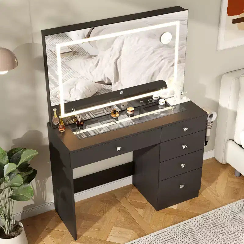 39 Vanity Desk with Mirror and Lights, 5 Drawers Makeup Vanity Desk with Tempered Glass top