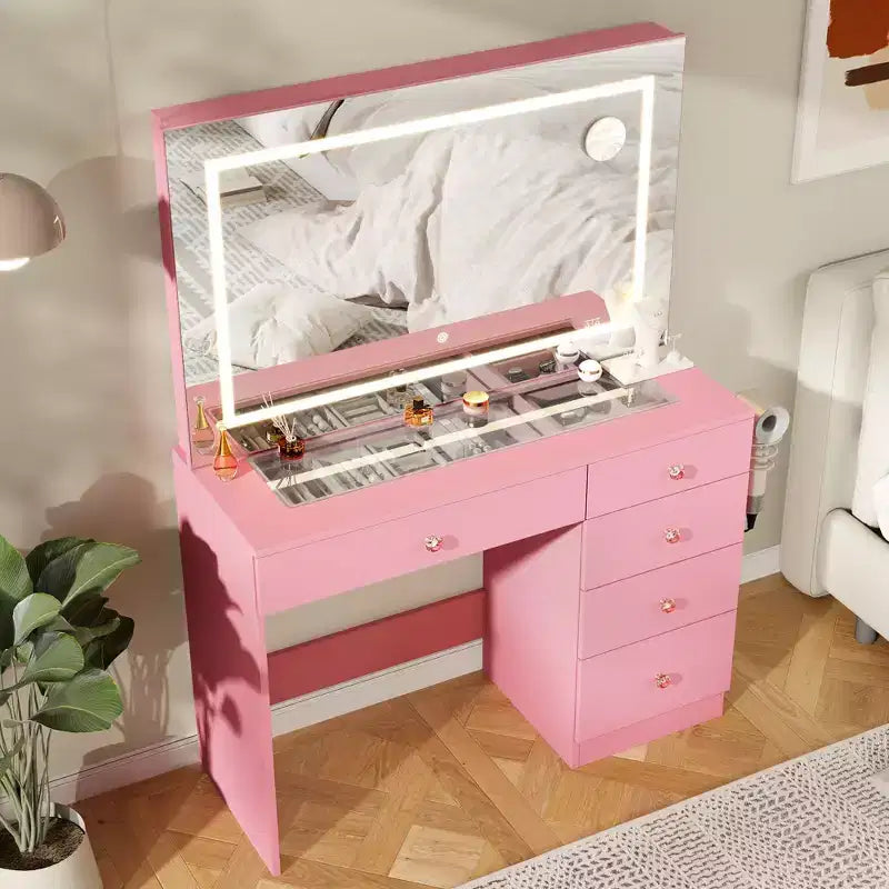 39 Vanity Desk with Mirror and Lights, 5 Drawers Makeup Vanity Desk with Tempered Glass top