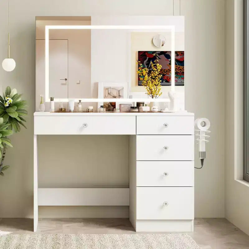 39 Vanity Desk with Mirror and Lights, 5 Drawers Makeup Vanity Desk with Tempered Glass top