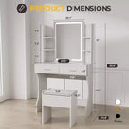 Schminktisch mit LED-beleuchtetem Spiegel, Schminktisch mit 3 einstellbaren Beleuchtungen, weißer Schminktisch mit Sitzhocker und Stauraum fürs Schlafzimmer