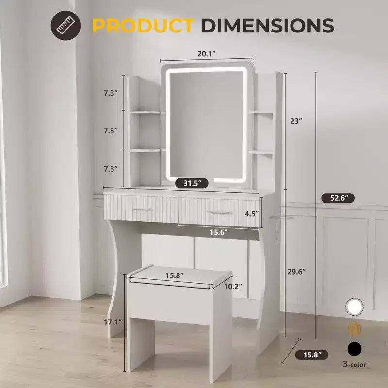 Schminktisch mit LED-beleuchtetem Spiegel, Schminktisch mit 3 einstellbaren Beleuchtungen, weißer Schminktisch mit Sitzhocker und Stauraum fürs Schlafzimmer