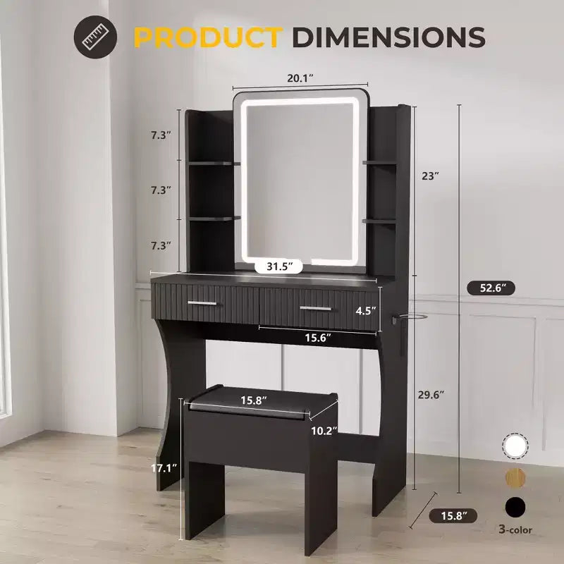 Schminktisch mit LED-beleuchtetem Spiegel, Schminktisch mit 3 einstellbaren Beleuchtungen, weißer Schminktisch mit Sitzhocker und Stauraum fürs Schlafzimmer