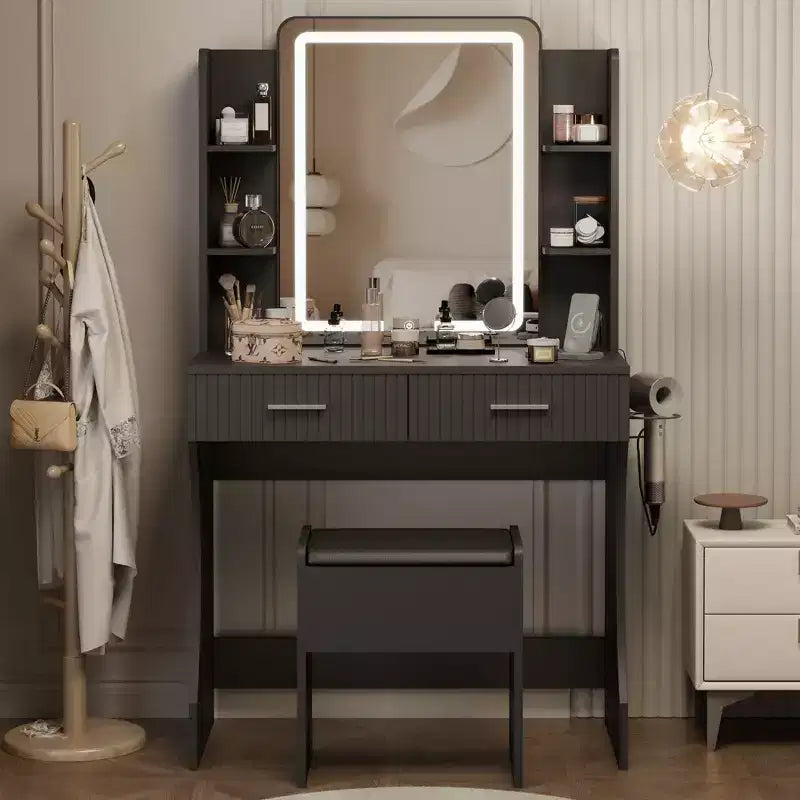 Makeup Vanity with LED Lighted Mirror, Vanity Desk with 3 Adjustable Lights, White Vanity with Storage Stool for Bedroom