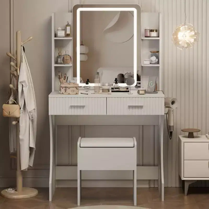 Tocador de maquillaje con espejo iluminado por LED, escritorio tocador con 3 luces ajustables, tocador blanco con taburete de almacenamiento para el dormitorio