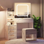 Tocador moderno, tocador de maquillaje con espejo deslizante, mesa de vestidor con 4 cajones, estantes de almacenamiento y taburete para dormitorio o vestidor