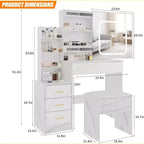 Tocador moderno, tocador de maquillaje con espejo deslizante, mesa de vestidor con 4 cajones, estantes de almacenamiento y taburete para dormitorio o vestidor
