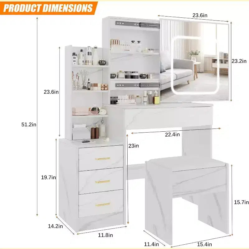 Tocador moderno, tocador de maquillaje con espejo deslizante, mesa de vestidor con 4 cajones, estantes de almacenamiento y taburete para dormitorio o vestidor