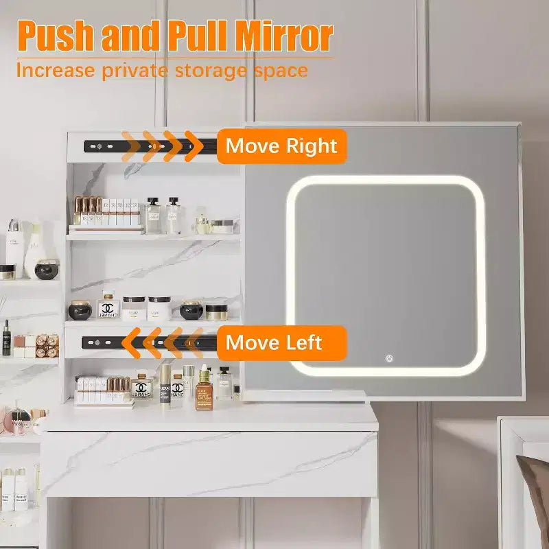 Tocador moderno, tocador de maquillaje con espejo deslizante, mesa de vestidor con 4 cajones, estantes de almacenamiento y taburete para dormitorio o vestidor