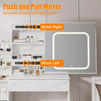 Tocador moderno, tocador de maquillaje con espejo deslizante, mesa de vestidor con 4 cajones, estantes de almacenamiento y taburete para dormitorio o vestidor