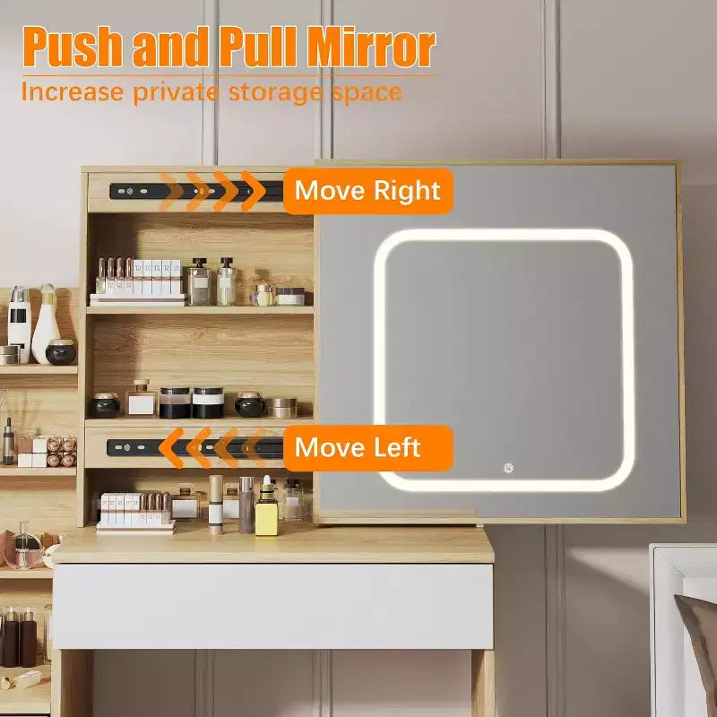 Tocador moderno, tocador de maquillaje con espejo deslizante, mesa de vestidor con 4 cajones, estantes de almacenamiento y taburete para dormitorio o vestidor