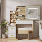 Tocador moderno, tocador de maquillaje con espejo deslizante, mesa de vestidor con 4 cajones, estantes de almacenamiento y taburete para dormitorio o vestidor