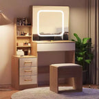 Tocador moderno, tocador de maquillaje con espejo deslizante, mesa de vestidor con 4 cajones, estantes de almacenamiento y taburete para dormitorio o vestidor
