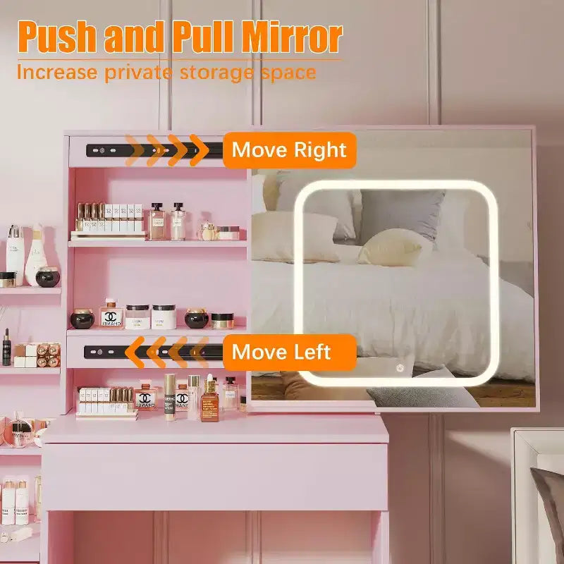 Tocador moderno, tocador de maquillaje con espejo deslizante, mesa de vestidor con 4 cajones, estantes de almacenamiento y taburete para dormitorio o vestidor