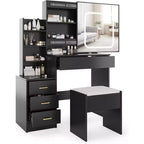 Tocador moderno, tocador de maquillaje con espejo deslizante, mesa de vestidor con 4 cajones, estantes de almacenamiento y taburete para dormitorio o vestidor