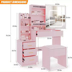 Tocador moderno, tocador de maquillaje con espejo deslizante, mesa de vestidor con 4 cajones, estantes de almacenamiento y taburete para dormitorio o vestidor