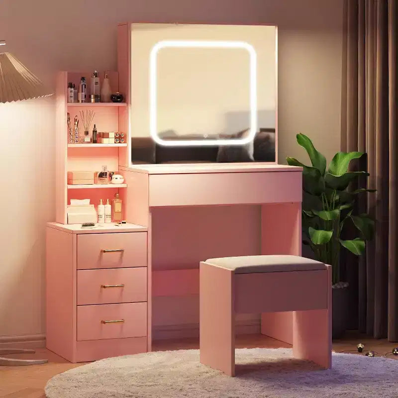 Tocador moderno, tocador de maquillaje con espejo deslizante, mesa de vestidor con 4 cajones, estantes de almacenamiento y taburete para dormitorio o vestidor