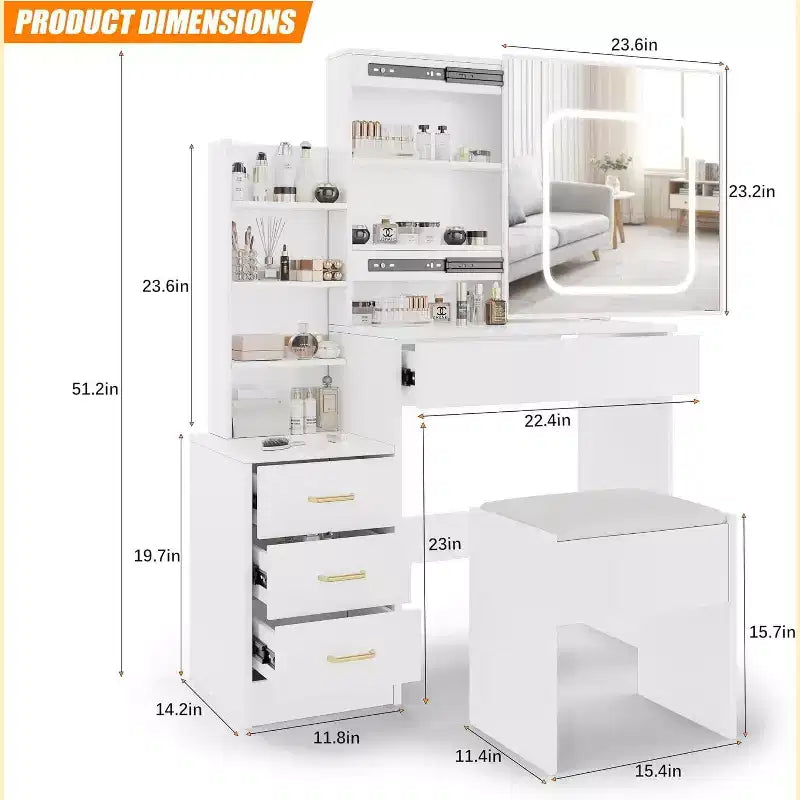 Tocador moderno, tocador de maquillaje con espejo deslizante, mesa de vestidor con 4 cajones, estantes de almacenamiento y taburete para dormitorio o vestidor