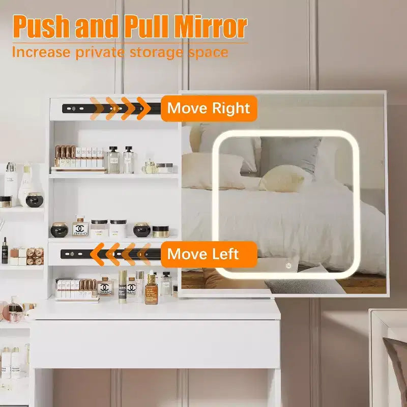 Tocador moderno, tocador de maquillaje con espejo deslizante, mesa de vestidor con 4 cajones, estantes de almacenamiento y taburete para dormitorio o vestidor