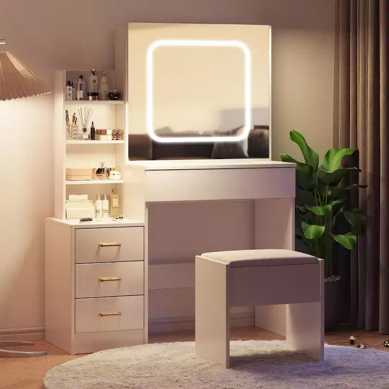 Tocador moderno, tocador de maquillaje con espejo deslizante, mesa de vestidor con 4 cajones, estantes de almacenamiento y taburete para dormitorio o vestidor