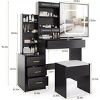 Tocador moderno, tocador de maquillaje con espejo deslizante, mesa de vestidor con 4 cajones, estantes de almacenamiento y taburete para dormitorio o vestidor