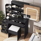 Tocador moderno, tocador de maquillaje con espejo deslizante, mesa de vestidor con 4 cajones, estantes de almacenamiento y taburete para dormitorio o vestidor