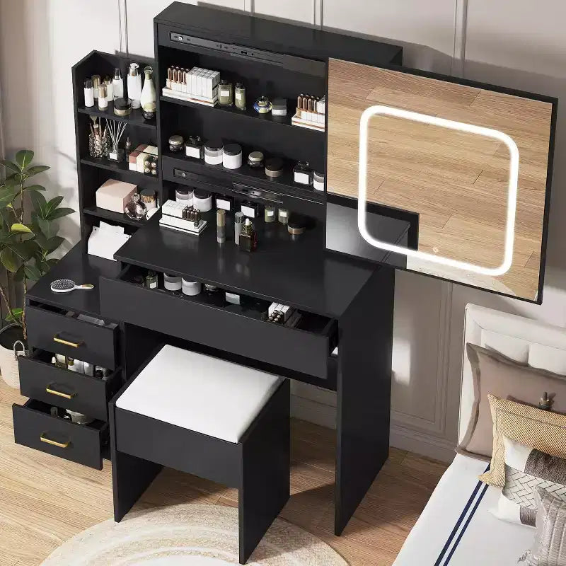 Tocador moderno, tocador de maquillaje con espejo deslizante, mesa de vestidor con 4 cajones, estantes de almacenamiento y taburete para dormitorio o vestidor