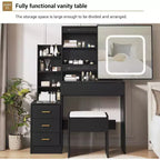Tocador moderno, tocador de maquillaje con espejo deslizante, mesa de vestidor con 4 cajones, estantes de almacenamiento y taburete para dormitorio o vestidor