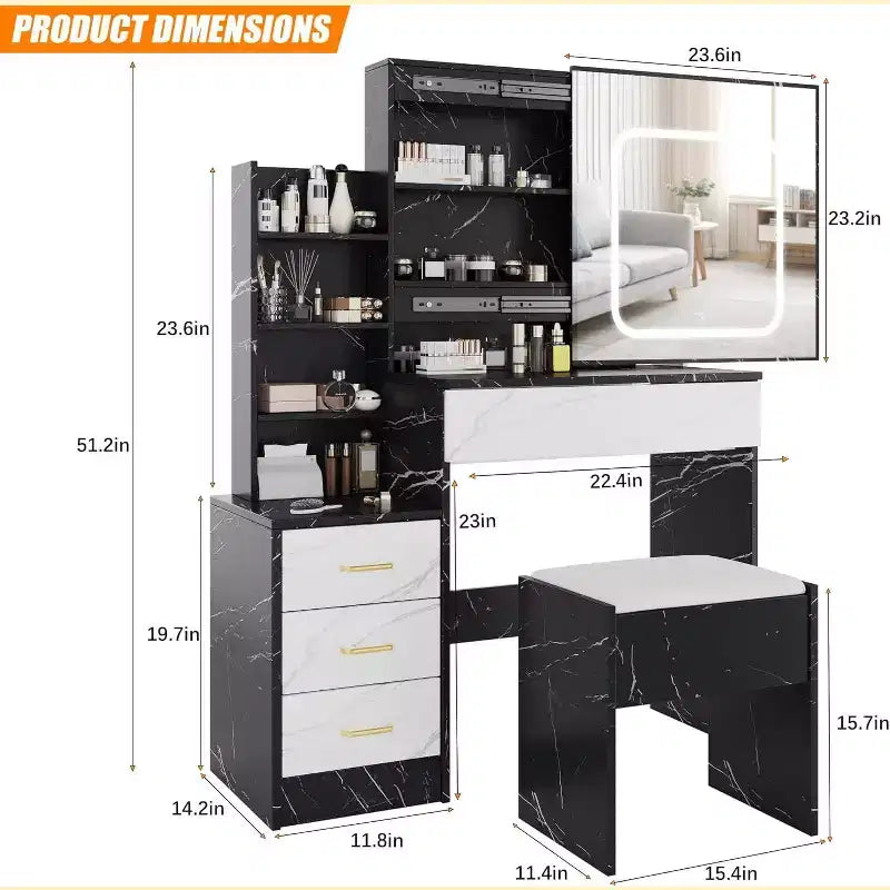 Tocador moderno, tocador de maquillaje con espejo deslizante, mesa de vestidor con 4 cajones, estantes de almacenamiento y taburete para dormitorio o vestidor
