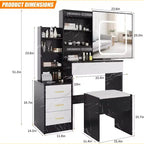 Tocador moderno, tocador de maquillaje con espejo deslizante, mesa de vestidor con 4 cajones, estantes de almacenamiento y taburete para dormitorio o vestidor
