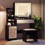 Tocador moderno, tocador de maquillaje con espejo deslizante, mesa de vestidor con 4 cajones, estantes de almacenamiento y taburete para dormitorio o vestidor
