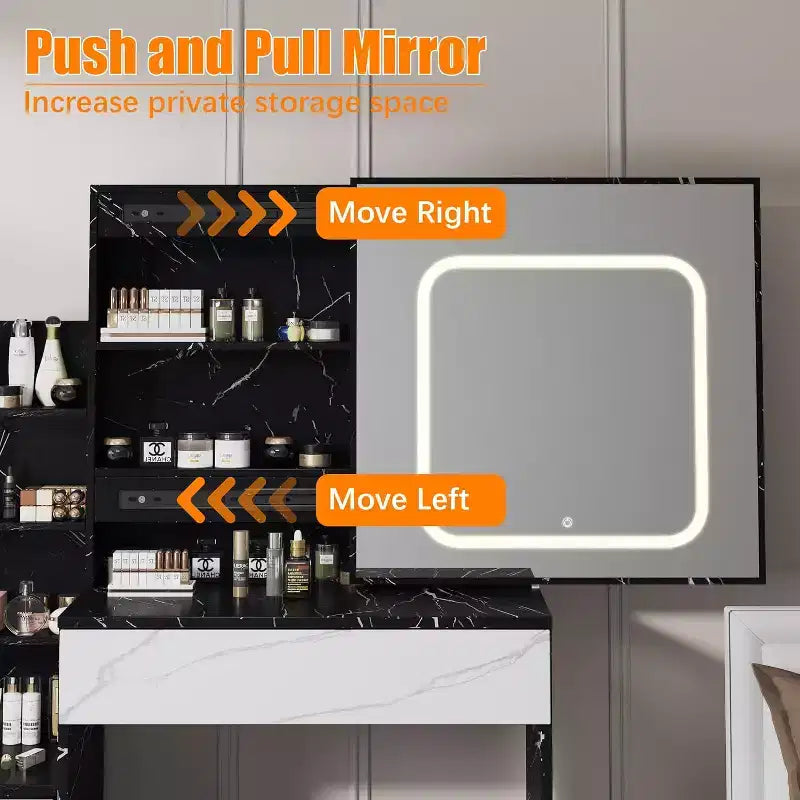 Tocador moderno, tocador de maquillaje con espejo deslizante, mesa de vestidor con 4 cajones, estantes de almacenamiento y taburete para dormitorio o vestidor