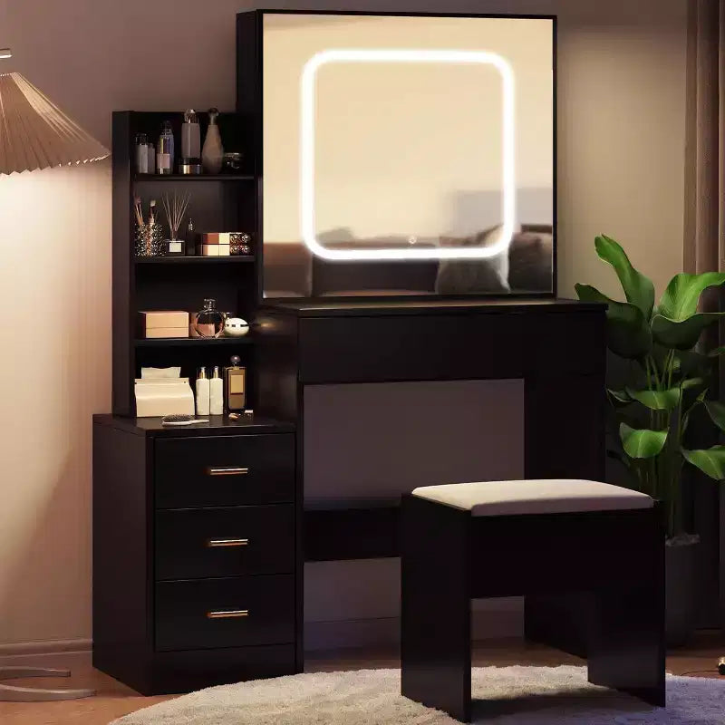 Modern Vanity Desk, Makeup Vanity Desk With Sliding Mirror, Dressing Table With 4 Drawers, Storage Shelves & Stool for Bedroom, Cloakroom