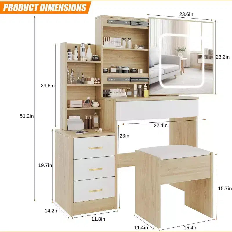 Tocador moderno, tocador de maquillaje con espejo deslizante, mesa de vestidor con 4 cajones, estantes de almacenamiento y taburete para dormitorio o vestidor