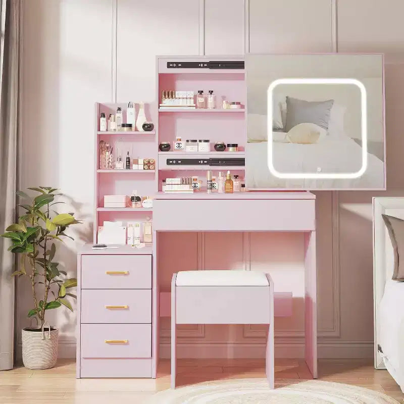 Tocador moderno, tocador de maquillaje con espejo deslizante, mesa de vestidor con 4 cajones, estantes de almacenamiento y taburete para dormitorio o vestidor