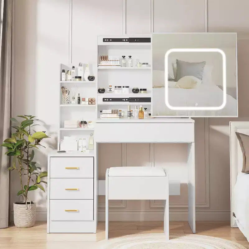 Tocador moderno, tocador de maquillaje con espejo deslizante, mesa de vestidor con 4 cajones, estantes de almacenamiento y taburete para dormitorio o vestidor