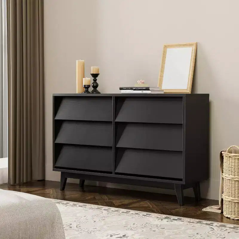 6 Drawer Dresser for Bedroom, Vintage Wide Chest of Drawers with Bevel Design, Accent Double Dresser Storage Organizers