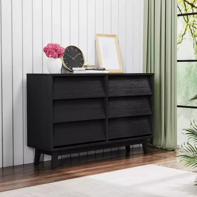 6 Drawer Dresser for Bedroom, Vintage Wide Chest of Drawers with Bevel Design, Accent Double Dresser Storage Organizers