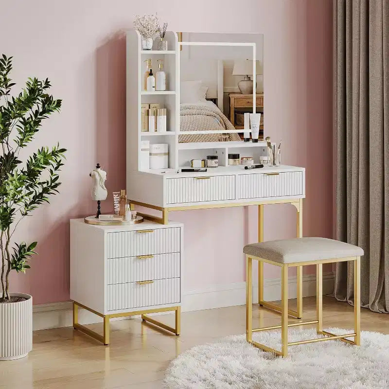 White Vanity Makeup Desk with Mirror and 3-Mode Adjustable Lights, 5-Drawer Vanity Table with Removable Side Storage Cabinet, Stool for Bedroom
