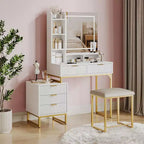 White Vanity Makeup Desk with Mirror and 3-Mode Adjustable Lights, 5-Drawer Vanity Table with Removable Side Storage Cabinet, Stool for Bedroom