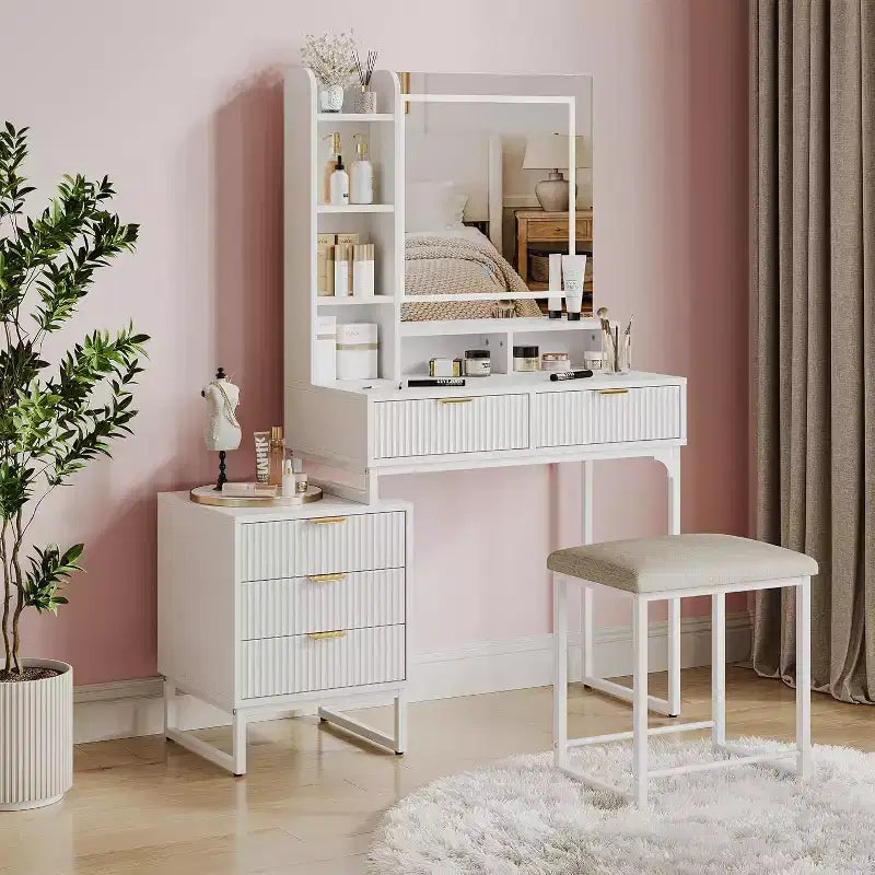 Escritorio tocador blanco para maquillaje con espejo y luces ajustables de 3 modos, mesa tocador con 5 cajones y armario lateral de almacenamiento extraíble, taburete para dormitorio