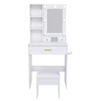 Vanity Table with Mirror & Adjustable LED Lights, Power Outlet, Hairdryer Holder & Stool  Compact Dressing Desk for Small Bedrooms(White)