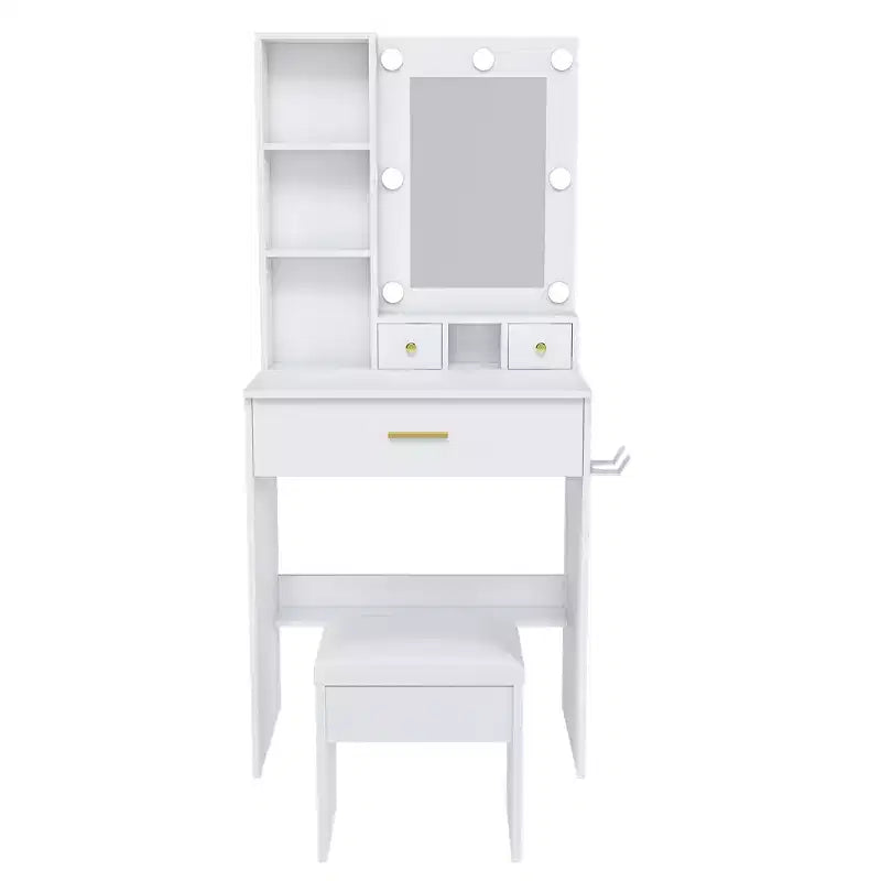 Vanity Table with Mirror & Adjustable LED Lights, Power Outlet, Hairdryer Holder & Stool  Compact Dressing Desk for Small Bedrooms(White)
