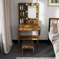 Vanity Table with Mirror & Adjustable LED Lights, Power Outlet, Hairdryer Holder & Stool  Compact Dressing Desk for Small Bedrooms(Vintage)