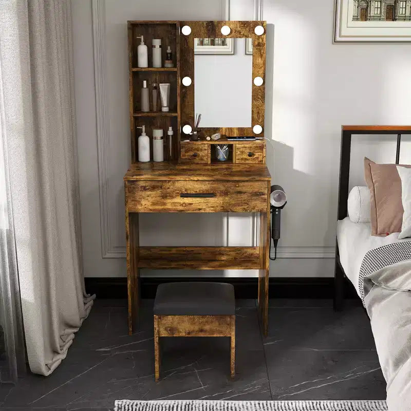 Vanity Table with Mirror & Adjustable LED Lights, Power Outlet, Hairdryer Holder & Stool  Compact Dressing Desk for Small Bedrooms(Vintage)